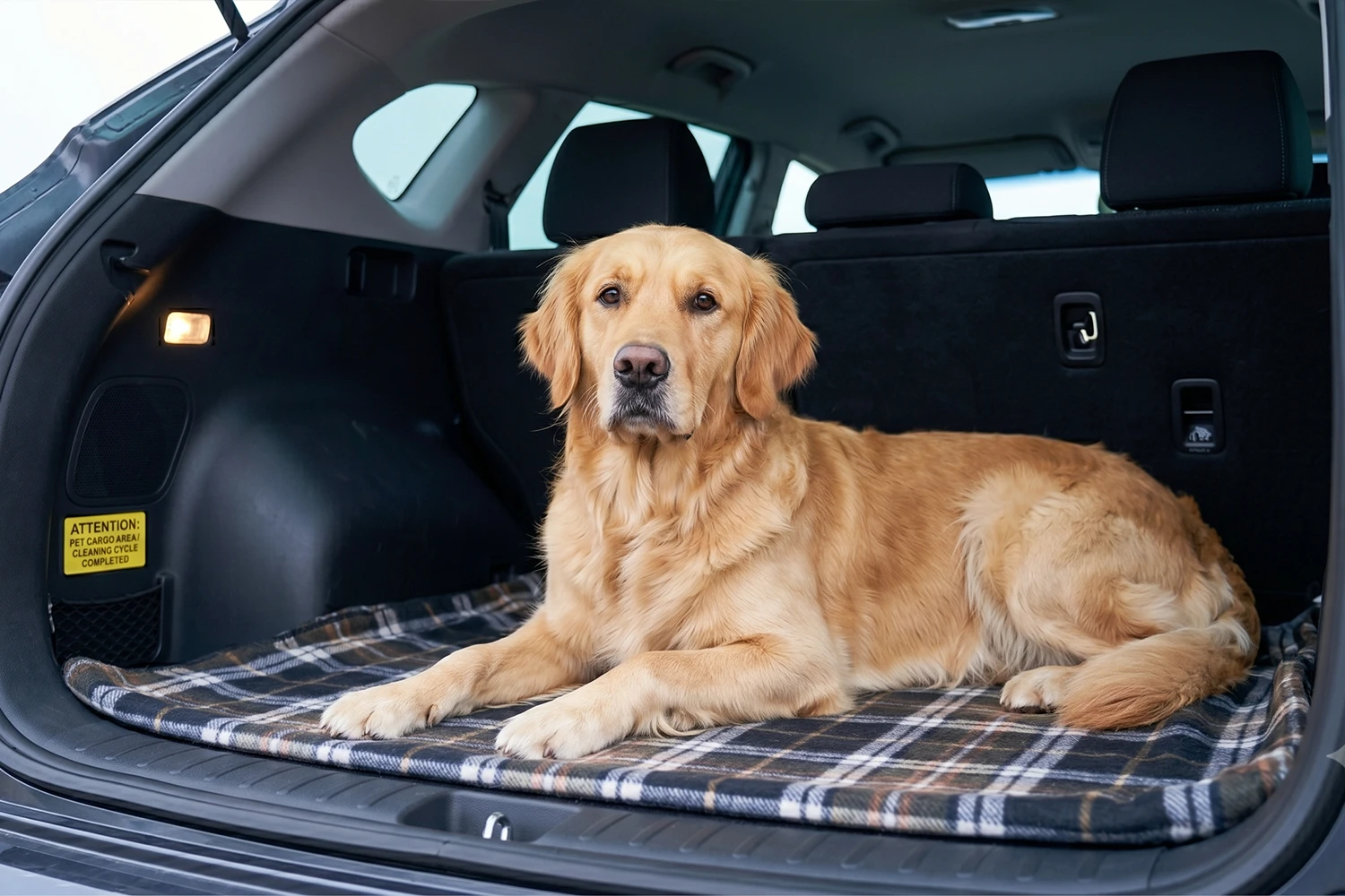 Hund sitzt im geöffneten Kofferraum eines Autos und hinterlässt dabei Tierhaare auf der Laderaumabdeckung