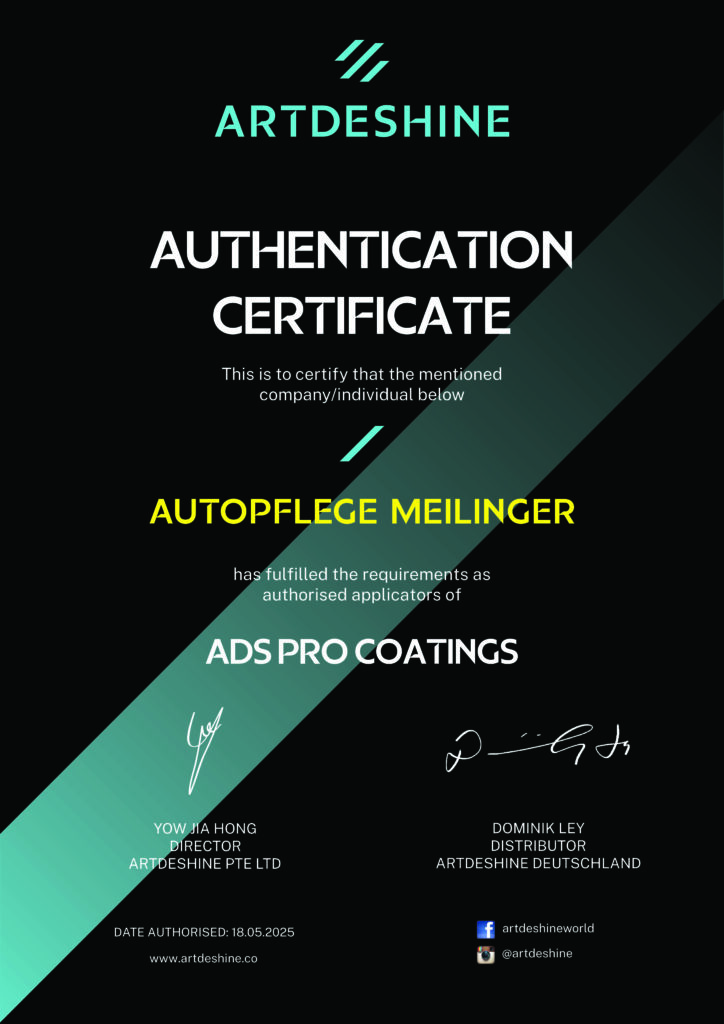 Artdeshine-Zertifikat für Autopflege Meilinger: autorisierter Anwender der ADS Pro Coatings, zu denen die Keramikversiegelung NGC+ gehört, ausgestellt am 18.05.2025